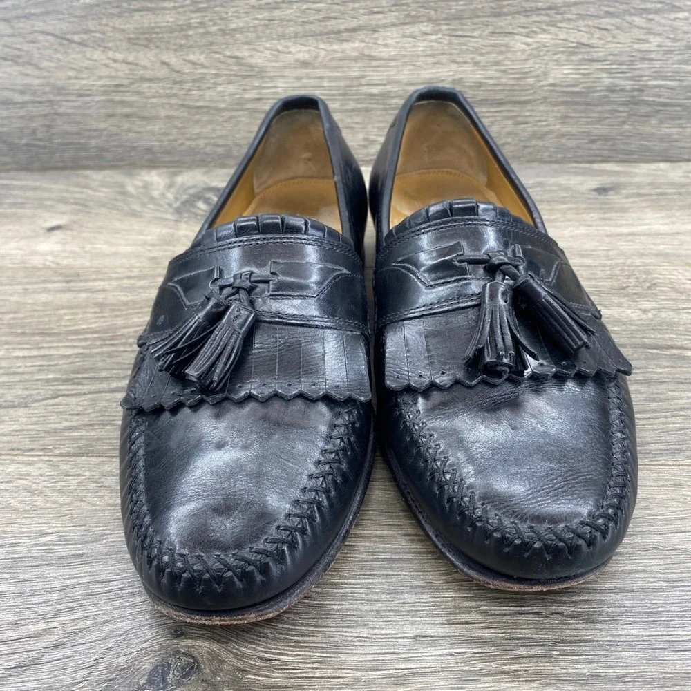 Johnston & Murphy Tassel Kiltie Loafers Mens 8 Black Leather Whipstitch Dress